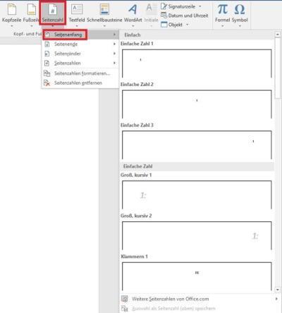 Microsoft Office Word 2016 Hinzufügen von Seitenzahlen
