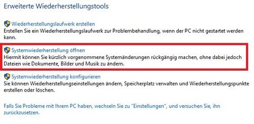 Systemwiederherstellung öffnen in Windows 10