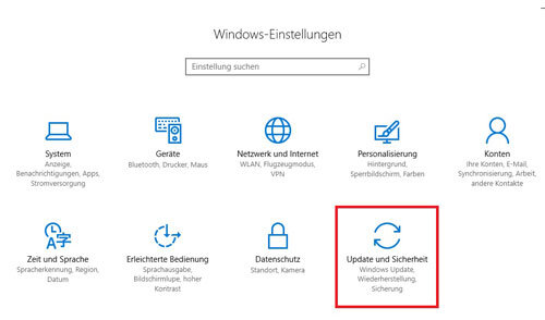 Upgrade und Sichheit Einstellungen in Windows 10