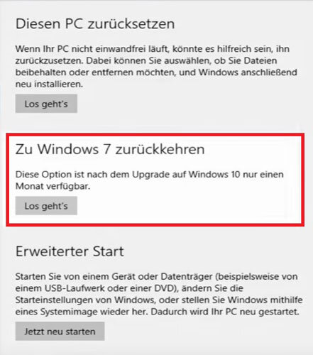 Windows 10 zurück auf Windows 7 oder 8 setzen